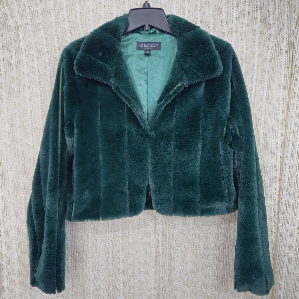 Laundry by Shelli Segal Emerald Green Faux Fur Shrug Cropped Jacket Size Medium